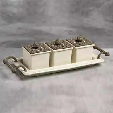3 pc. Provencial Jar Set w/ Tray-Cream