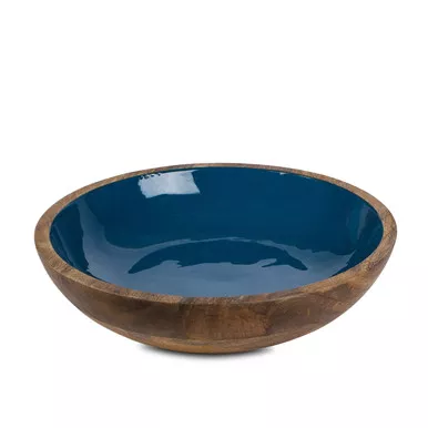 Deep Blue Enamel Mango Wood Serving Bowl - GG Collection