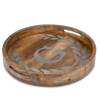 Heritage Mango Wood with Metal Inlay Monogram 20"Tray - G