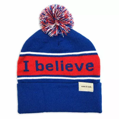 'I believe'™ Blue & Red Knit Beanie with 'we are awesome'™ on Inside Cuff by Notes To Self