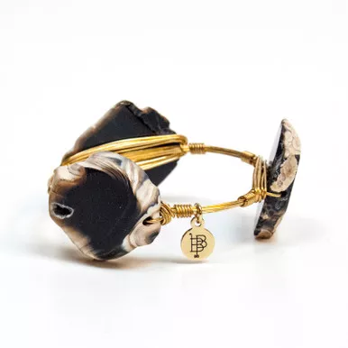 Medium Black & Natural Oval Marbled Quartz Large 8" Bangle by Bourbon and Boweties