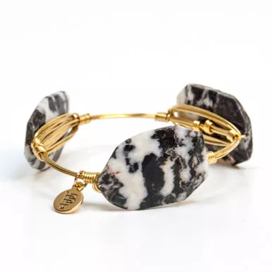 Medium Black and White Rectangle Marbled Agate Standard 7.5" Bangle by Bourbon and Boweties