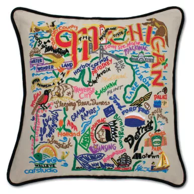 Michigan Hand-Embroidered Pillow by Catstudio