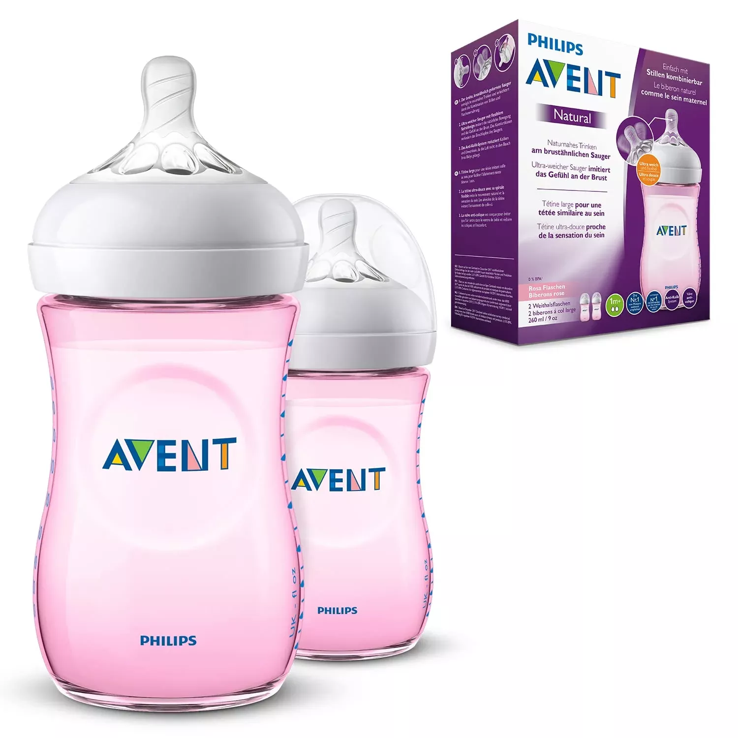Natural Feeding Bottle 2 Count 260ml, Pink, Translucent, 1 month+
