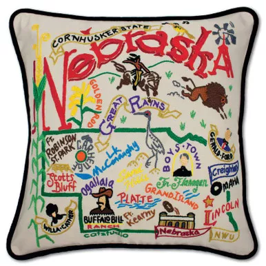 Nebraska Hand-Embroidered Pillow by Catstudio