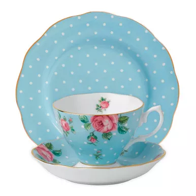Polka Blue 3-Piece Teacup Set by Royal Albert