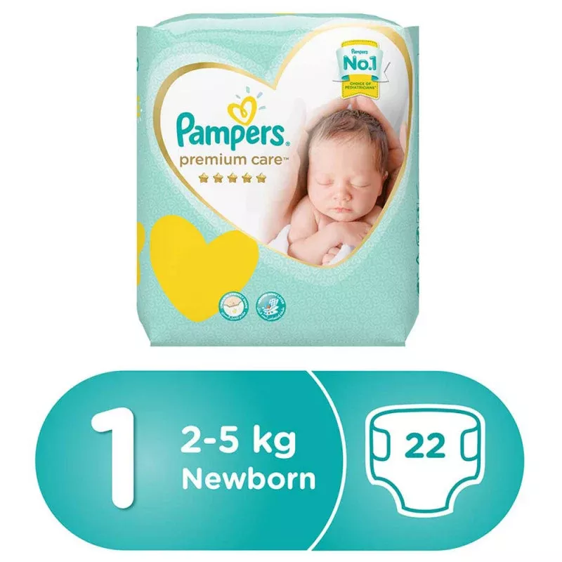 Premium Care Diapers, Size 1, Newborn, 2-5 kg, Carry Pack, 22 Count