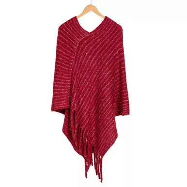 Ruby & Silver Lurex Knit Poncho With Tassel Hem OS by Howard's Inc.