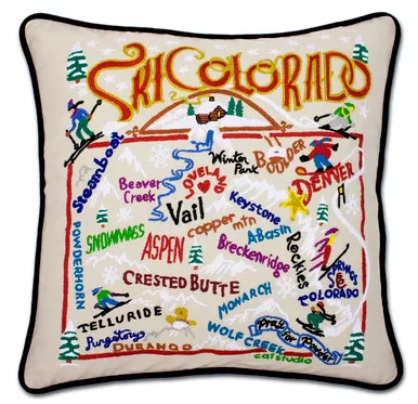 Ski Colorado Hand-Embroidered Pillow by Catstudio