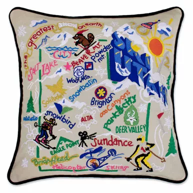Ski Utah Hand-Embroidered Pillow by Catstudio