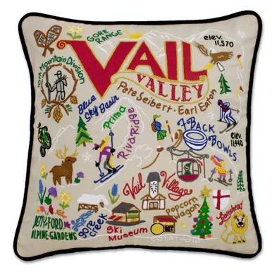 Ski Vail XL Hand-Embroidered Pillow by Catstudio
